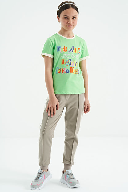 Neon Green Color Detailed O Collar Comfort Fit Girls T-Shirt - 75109