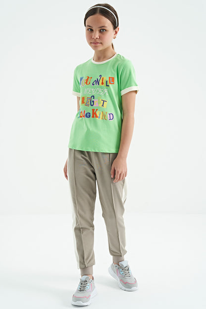 Neon Green Color Detailed O Collar Comfort Fit Girls T-Shirt - 75109