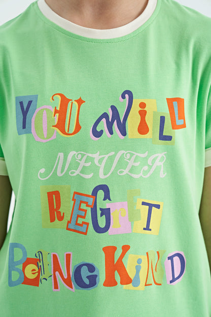 Neon Green Color Detailed O Collar Comfort Fit Girls T-Shirt - 75109