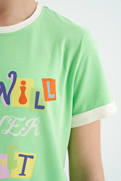 Neon Green Color Detailed O Collar Comfort Fit Girls T-Shirt - 75109