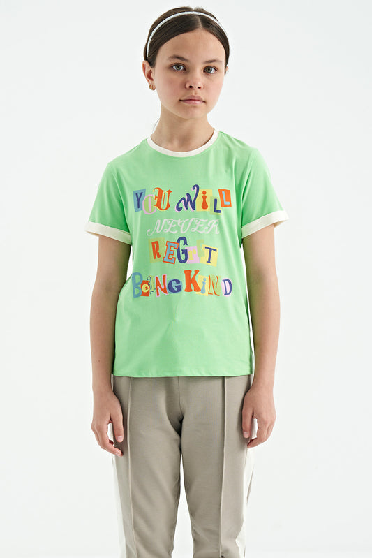 Neon Green Color Detailed O Collar Comfort Fit Girls T-Shirt - 75109