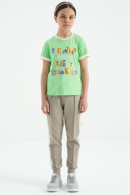 Neon Green Color Detailed O Collar Comfort Fit Girls T-Shirt - 75109