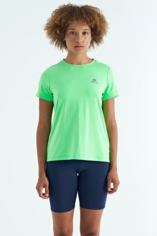 Neon Green Back Slit Detailed O Collar Short Sleeve Standard Fit Women's T-Shirt - 97267