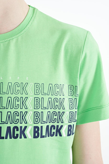 Neon Green Print O Collar Standard Fit Boys T-Shirt - 11149