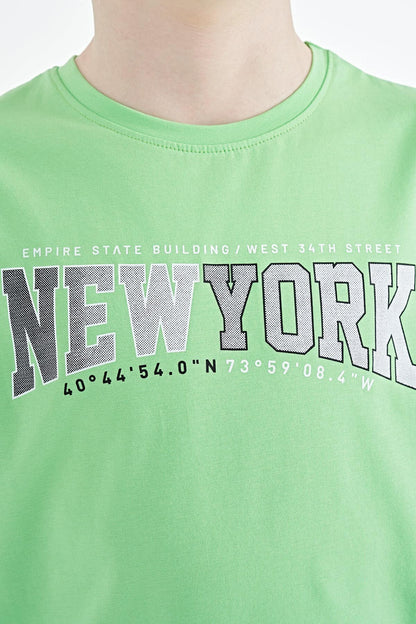 Neon Green Printed Lettering Standard Fit O Neck Men's Kids T-Shirt - 11105