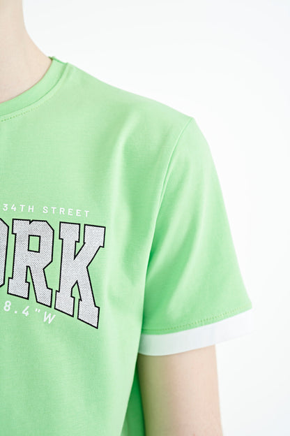 Neon Green Printed Lettering Standard Fit O Neck Men's Kids T-Shirt - 11105