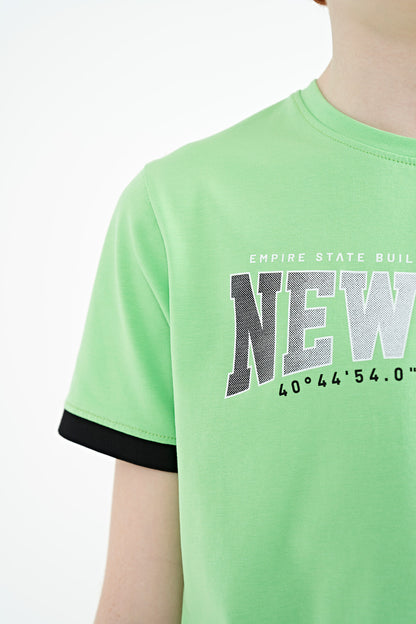 Neon Green Printed Lettering Standard Fit O Neck Men's Kids T-Shirt - 11105