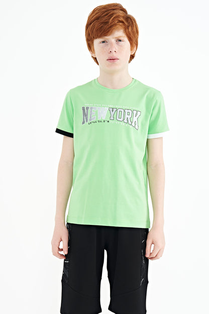 Neon Green Printed Lettering Standard Fit O Neck Men's Kids T-Shirt - 11105