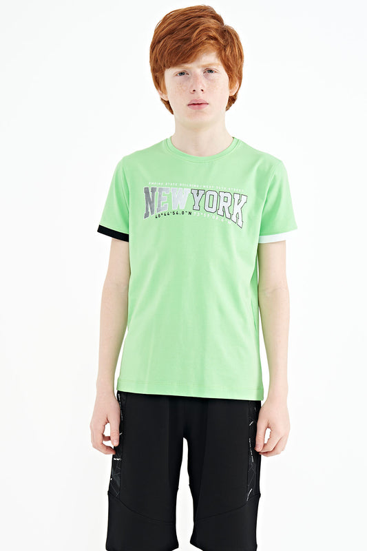 Neon Green Printed Lettering Standard Fit O Neck Men's Kids T-Shirt - 11105
