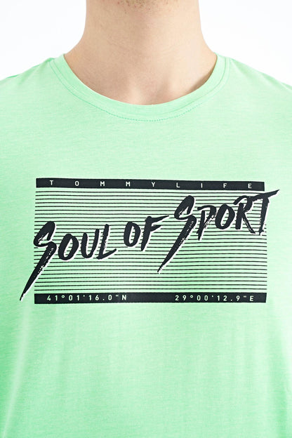 Neon Green Print Pattern Standard Fit O Neck Men's T-Shirt - 88172