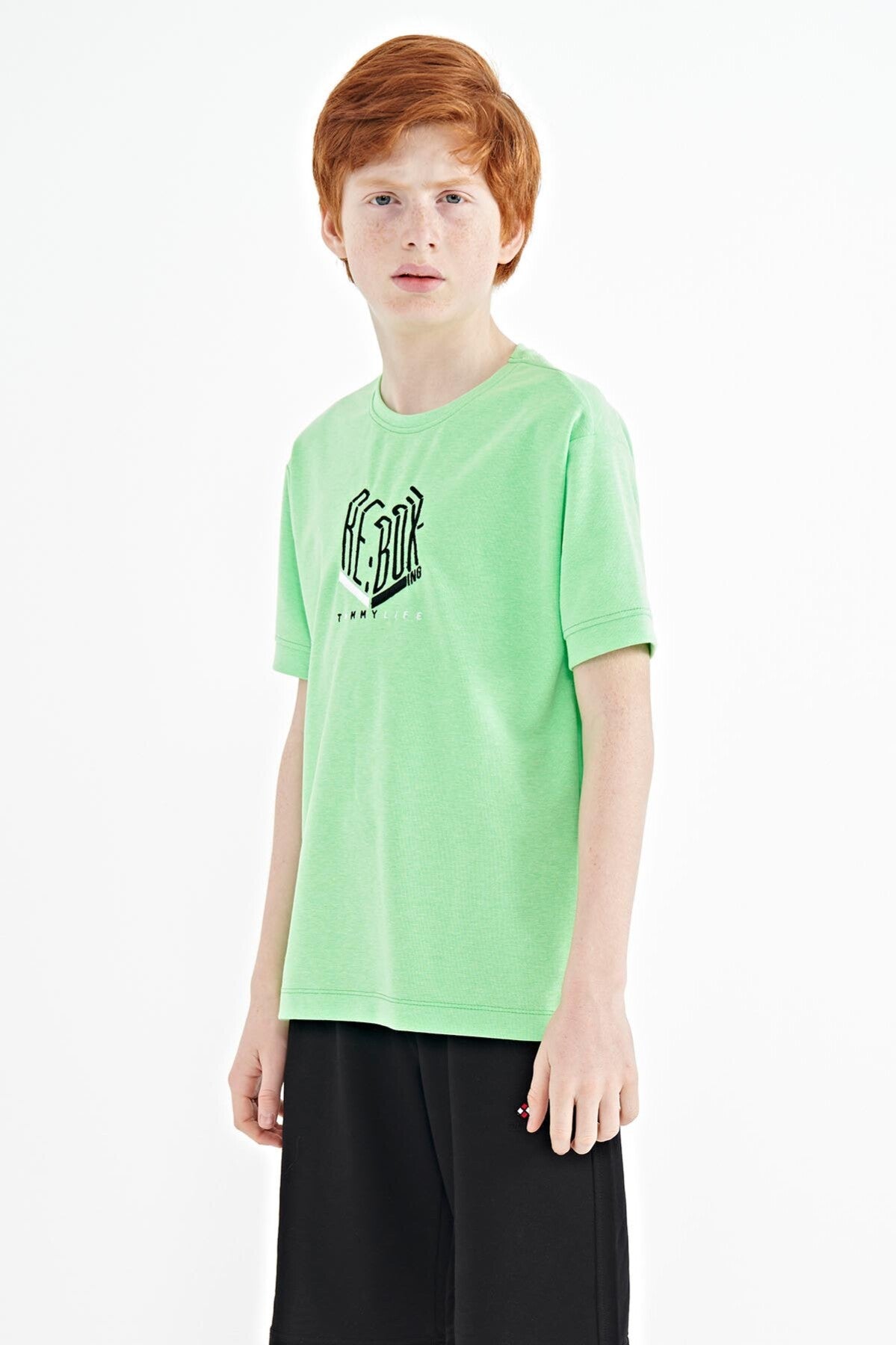 Neon Green Letter Embroidered O Collar Oversize Boys T-Shirt - 11151
