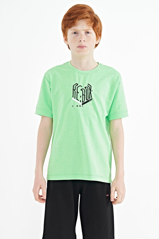 Neon Green Letter Embroidered O Collar Oversize Boys T-Shirt - 11151