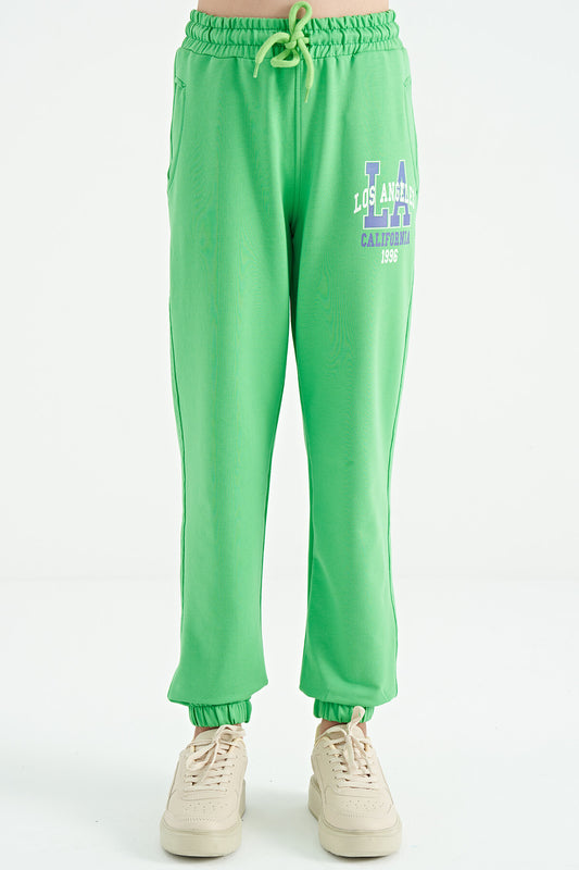 Neon Green Embroidered Lettering Standard Fit Jogger Girls' Tracksuit Bottom - 75120