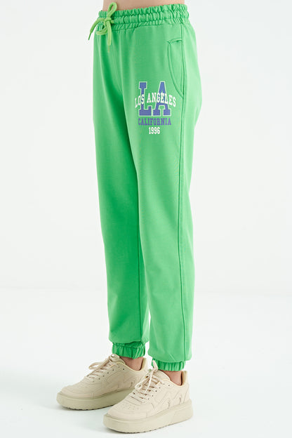 Neon Green Embroidered Lettering Standard Fit Jogger Girls' Tracksuit Bottom - 75120