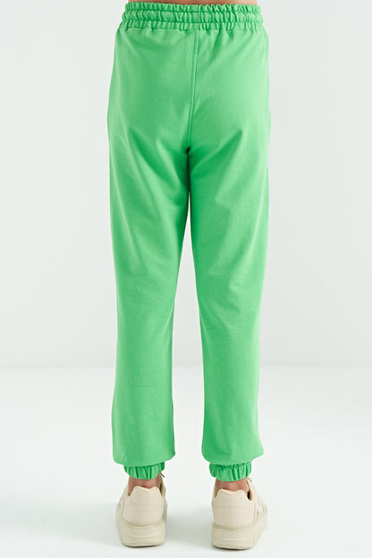 Neon Green Embroidered Lettering Standard Fit Jogger Girls' Tracksuit Bottom - 75120