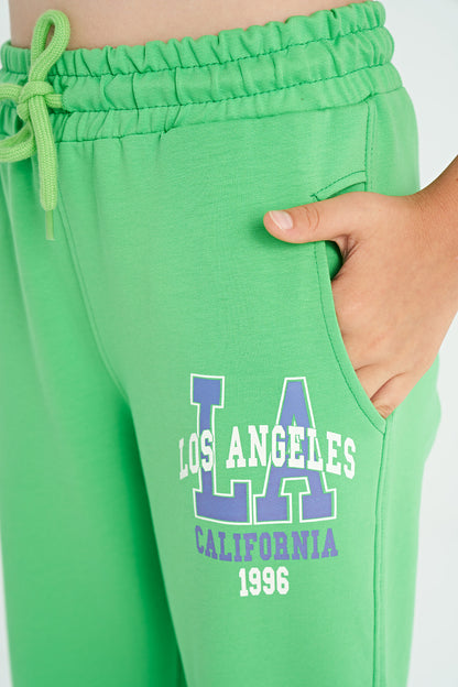 Neon Green Embroidered Lettering Standard Fit Jogger Girls' Tracksuit Bottom - 75120