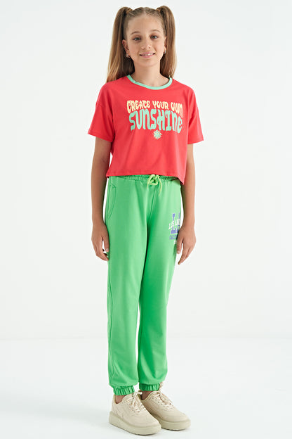 Neon Green Embroidered Lettering Standard Fit Jogger Girls' Tracksuit Bottom - 75120