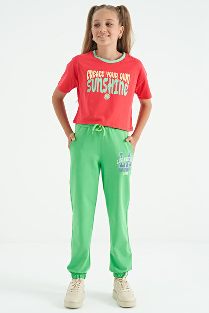 Neon Green Embroidered Lettering Standard Fit Jogger Girls' Tracksuit Bottom - 75120