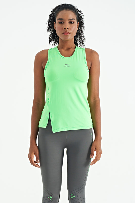 Neon Green Slit Detailed O Collar Sleeveless Standard Fit Women's Sports Singlet - 97256