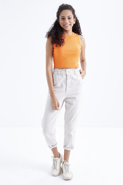 Oranj Basic Sleeveless O Collar Women's Crop Top Singlet - 97204