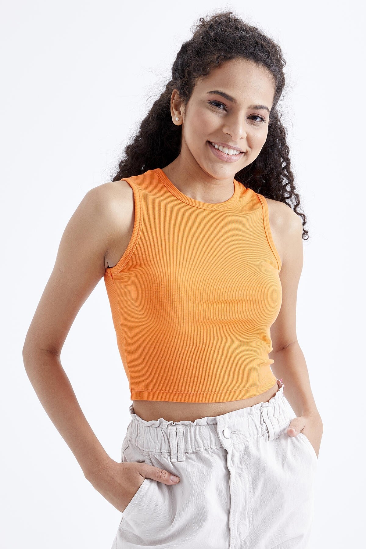 Oranj Basic Sleeveless O Collar Women's Crop Top Singlet - 97204