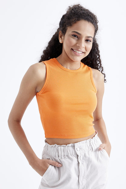 Oranj Basic Sleeveless O Collar Women's Crop Top Singlet - 97204