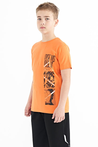 Orange Print Detailed O Collar Standard Cut Boys' T-Shirt - 11104