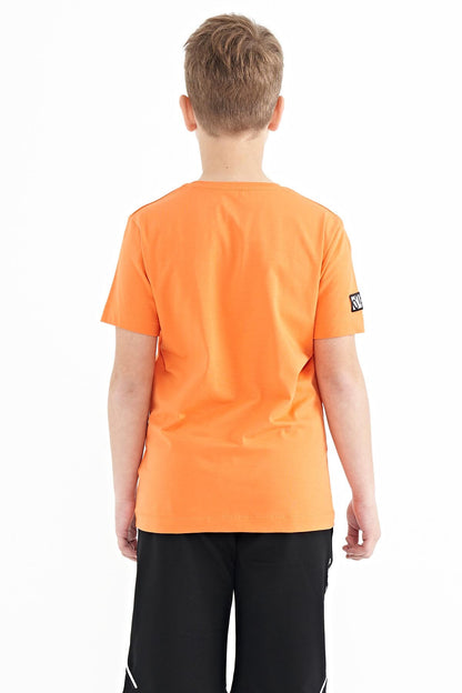 Orange Print Detailed O Collar Standard Cut Boys' T-Shirt - 11104