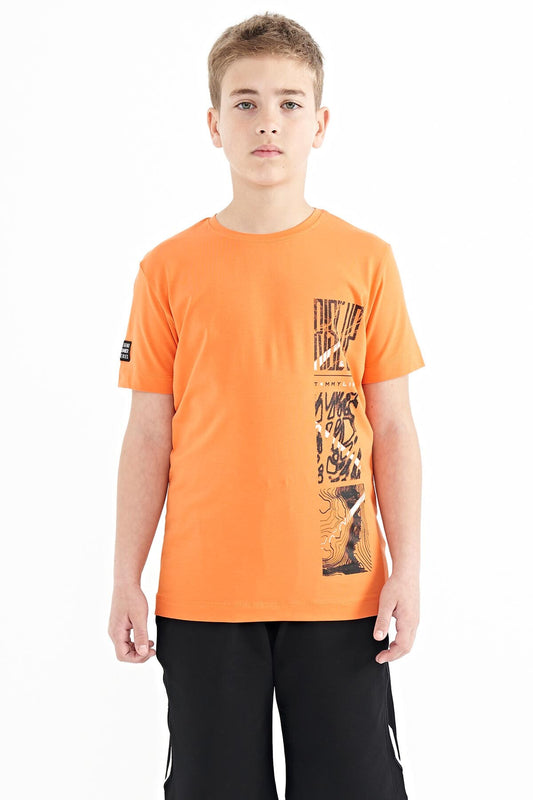 Orange Print Detailed O Collar Standard Cut Boys' T-Shirt - 11104