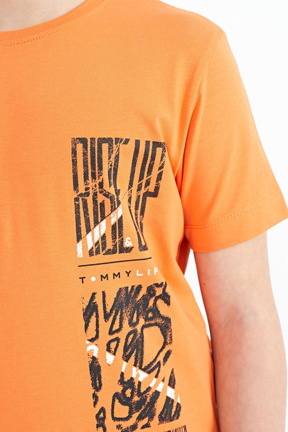 Orange Print Detailed O Collar Standard Cut Boys' T-Shirt - 11104