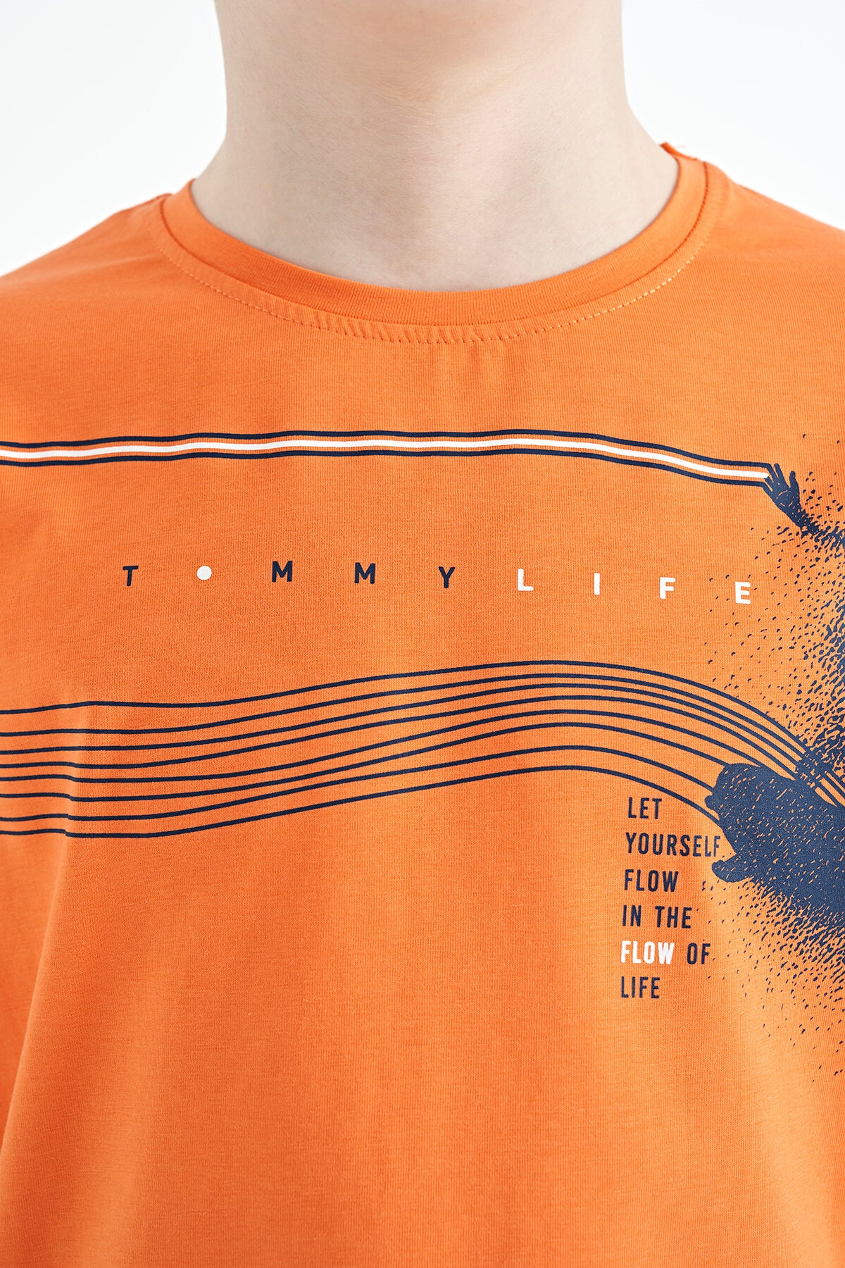 Orange Print Detailed Standard Mold O Collar Boys' T-Shirt - 11133