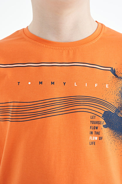 Orange Print Detailed Standard Mold O Collar Boys' T-Shirt - 11133