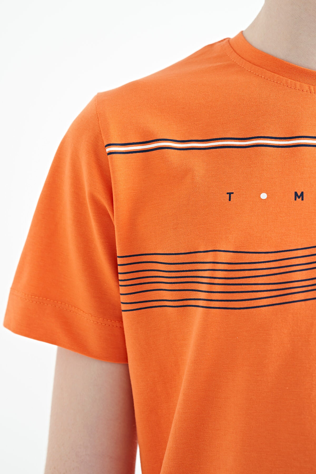 Orange Print Detailed Standard Mold O Collar Boys' T-Shirt - 11133