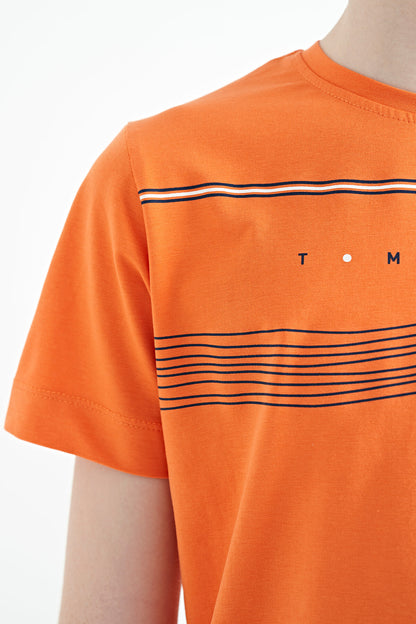 Orange Print Detailed Standard Mold O Collar Boys' T-Shirt - 11133