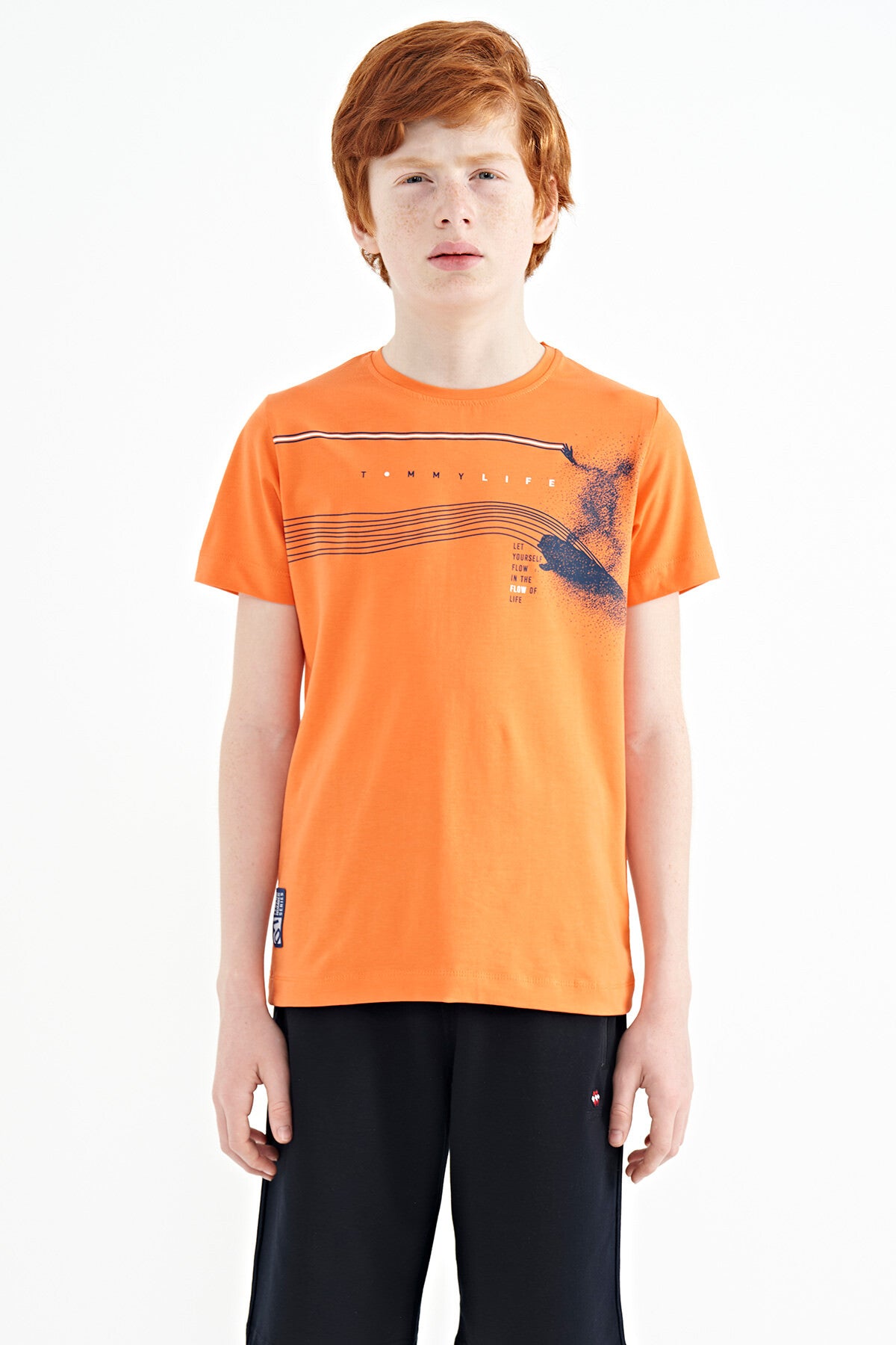 Orange Print Detailed Standard Mold O Collar Boys' T-Shirt - 11133