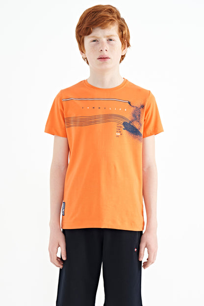 Orange Print Detailed Standard Mold O Collar Boys' T-Shirt - 11133