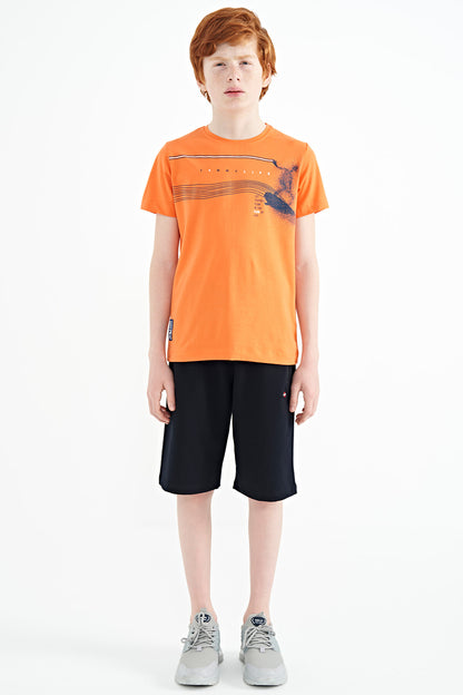 Orange Print Detailed Standard Mold O Collar Boys' T-Shirt - 11133