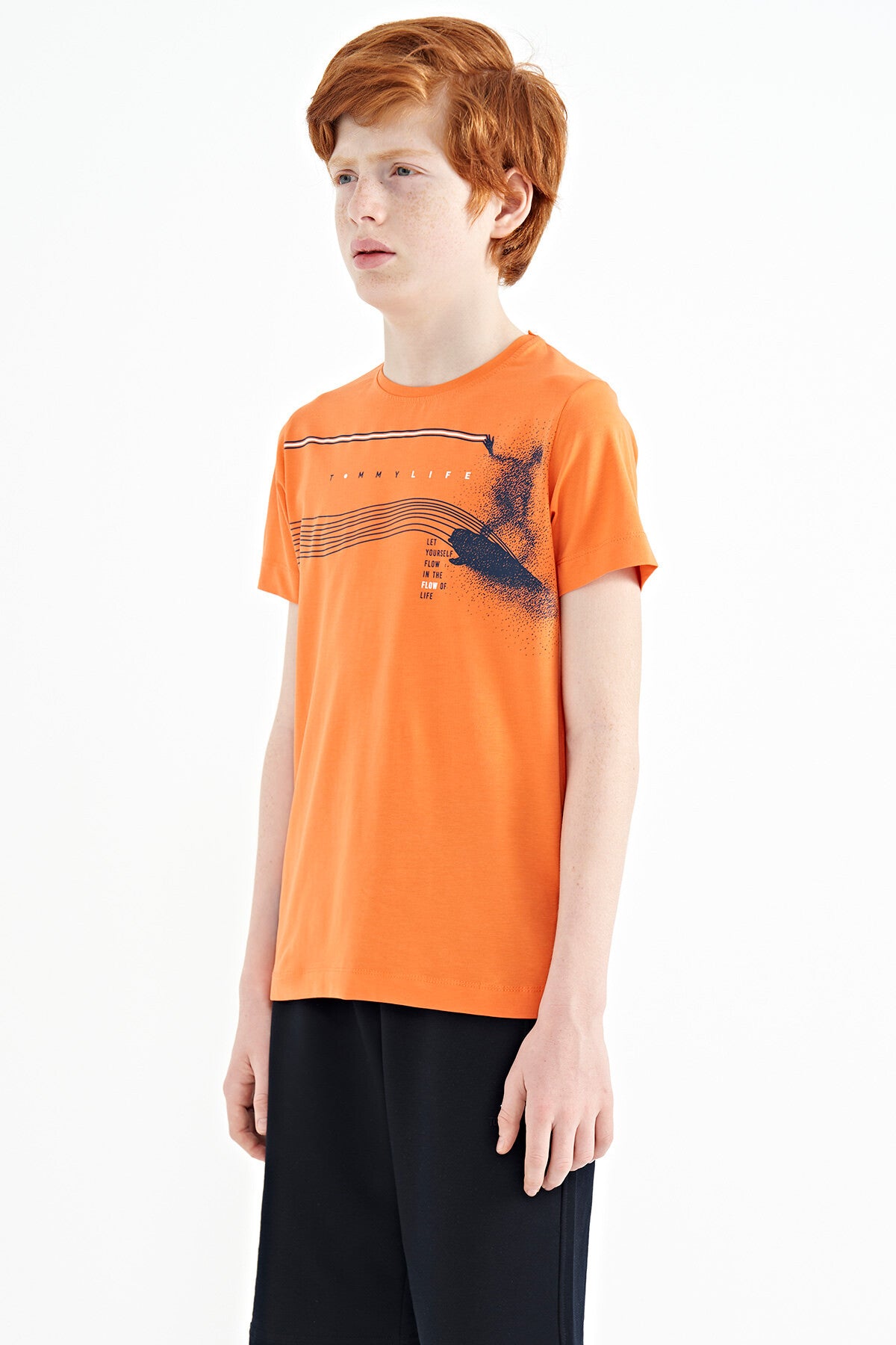 Orange Print Detailed Standard Mold O Collar Boys' T-Shirt - 11133