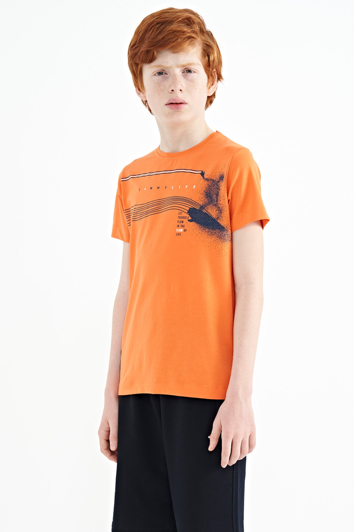 Orange Print Detailed Standard Mold O Collar Boys' T-Shirt - 11133