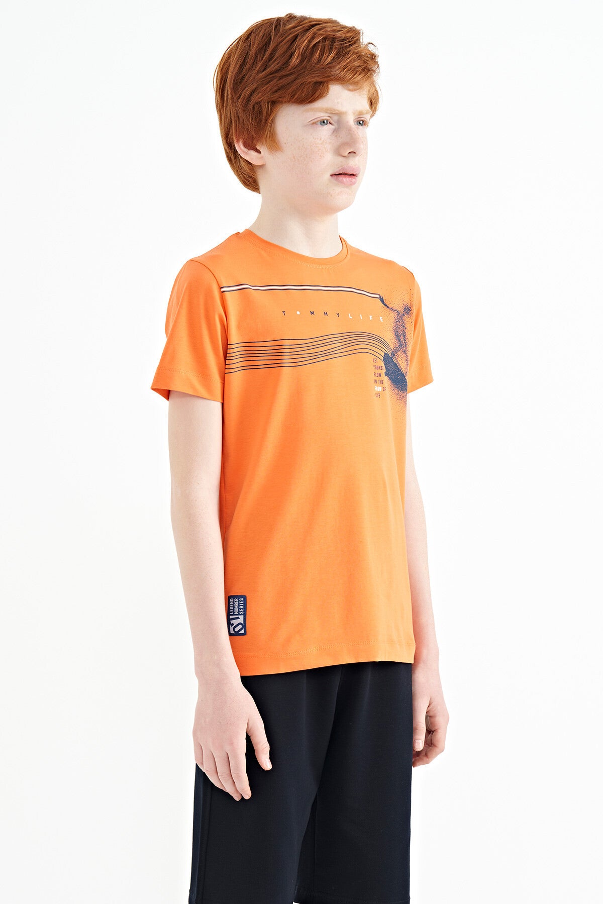 Orange Print Detailed Standard Mold O Collar Boys' T-Shirt - 11133