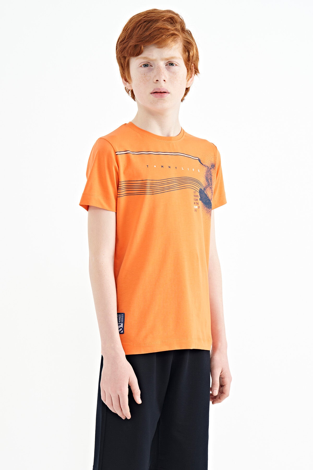 Orange Print Detailed Standard Mold O Collar Boys' T-Shirt - 11133