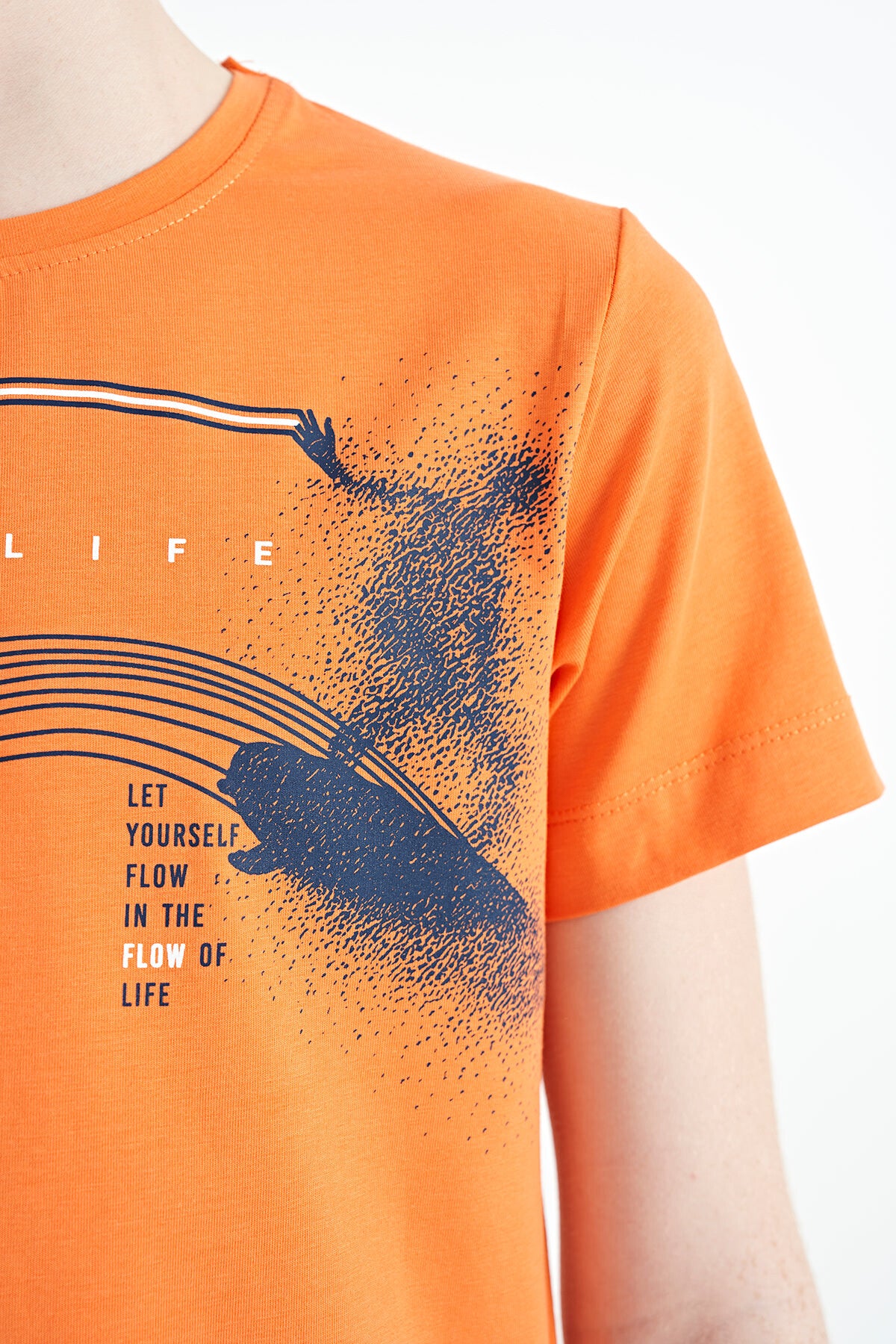 Orange Print Detailed Standard Mold O Collar Boys' T-Shirt - 11133