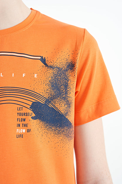 Orange Print Detailed Standard Mold O Collar Boys' T-Shirt - 11133