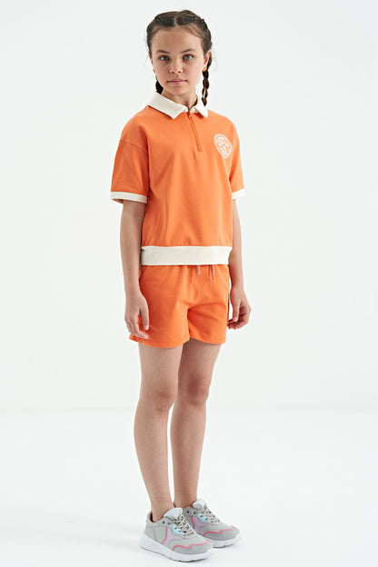 Orange Collar Short Sleeve Comfortable Fit Girls' Shorts Set - 75131