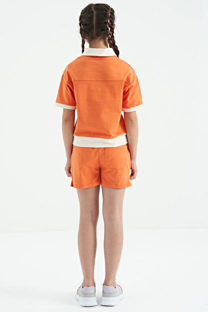 Orange Collar Short Sleeve Comfortable Fit Girls' Shorts Set - 75131