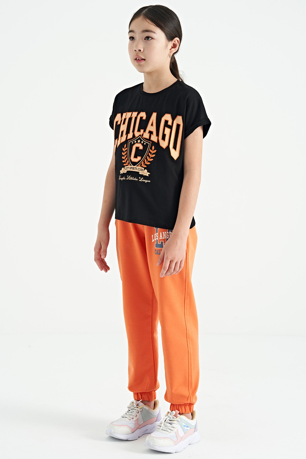Orange Print Embroidered Standard Cut Jogger Girls' Tracksuit Bottom - 75120