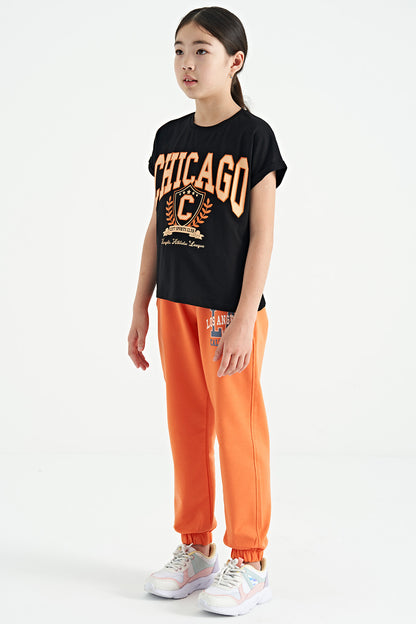 Orange Print Embroidered Standard Cut Jogger Girls' Tracksuit Bottom - 75120