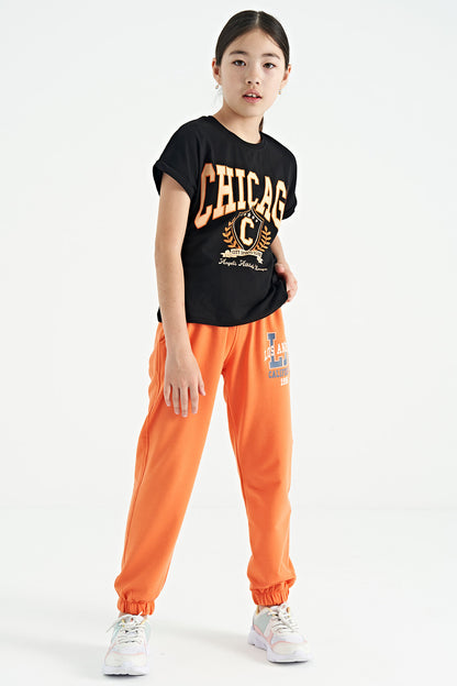 Orange Print Embroidered Standard Cut Jogger Girls' Tracksuit Bottom - 75120