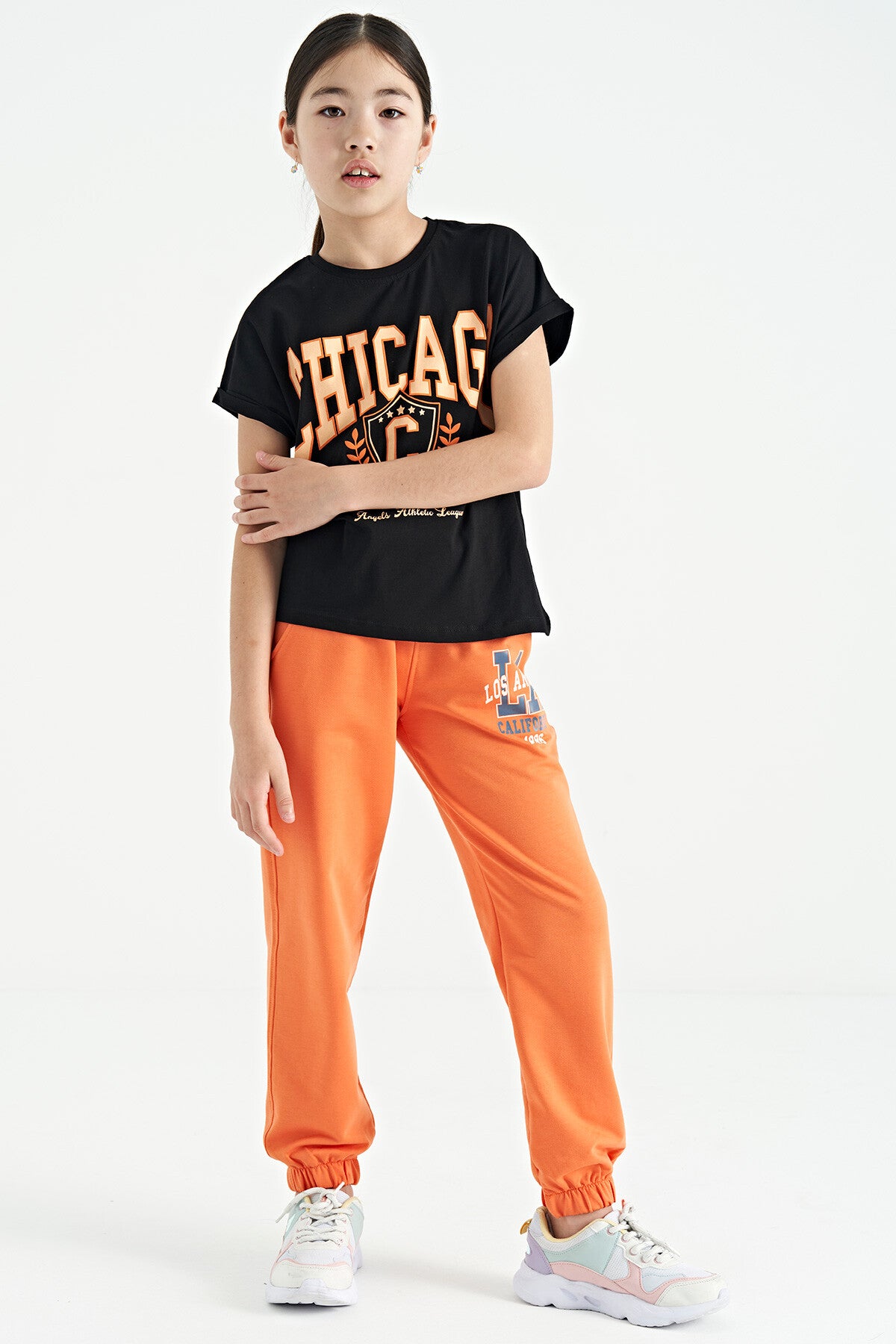 Orange Print Embroidered Standard Cut Jogger Girls' Tracksuit Bottom - 75120