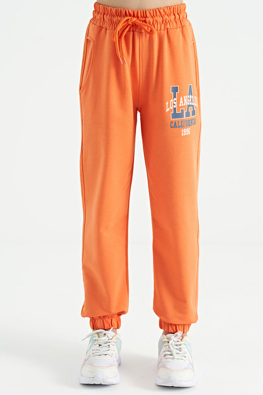 Orange Print Embroidered Standard Cut Jogger Girls' Tracksuit Bottom - 75120